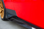 Capristo carbon side skirt winglets ahead of rear wheel on red Ferrari 488