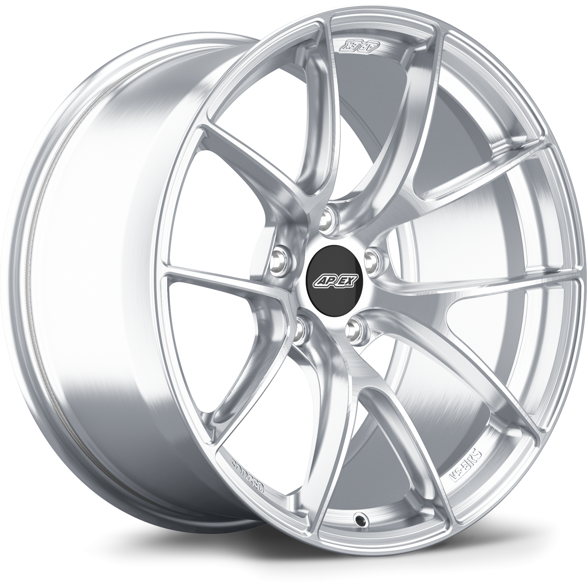 Silver alloy wheel with five split spokes and machined finish, displaying center cap and bolt pattern - APEX Wheels wheel for 19x9.5 ET22 5x120 - Brushed Clear