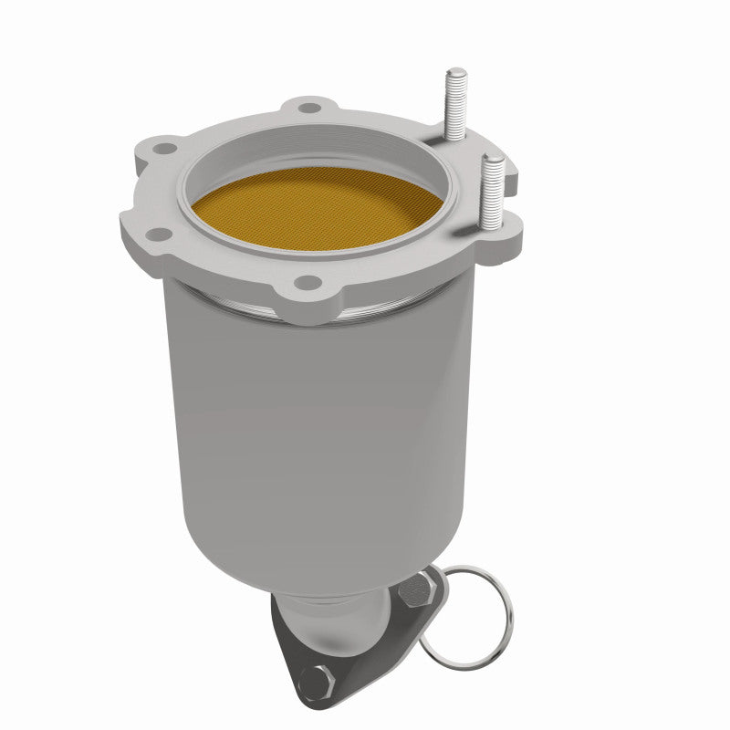 MagnaFlow 5411022 carb direct-fit catalytic converter, opposite front three-quarter view of the turntable spin