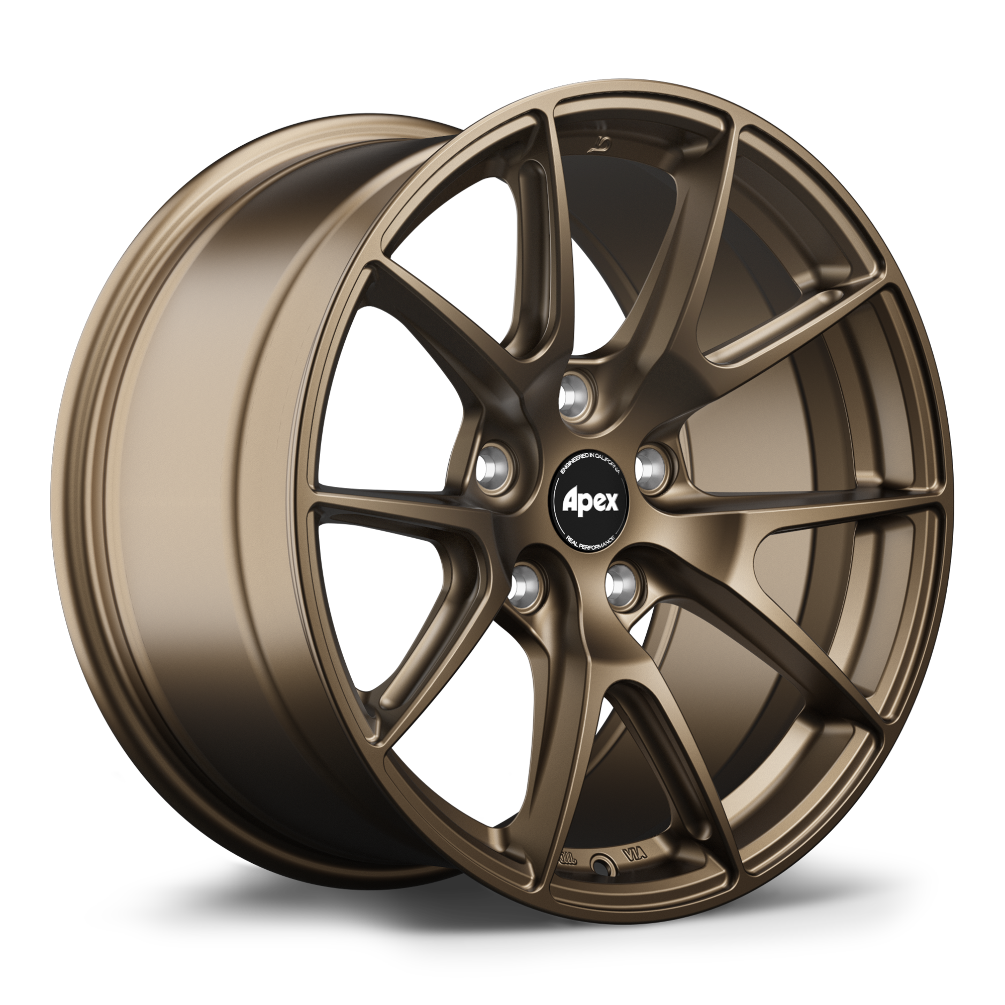 Bronze finished aluminum wheel with ten-spoke design and black center cap, shown at three-quarter angle on white background - APEX Wheels wheel for 17x9 ET35 5x114.3 - Satin Bronze