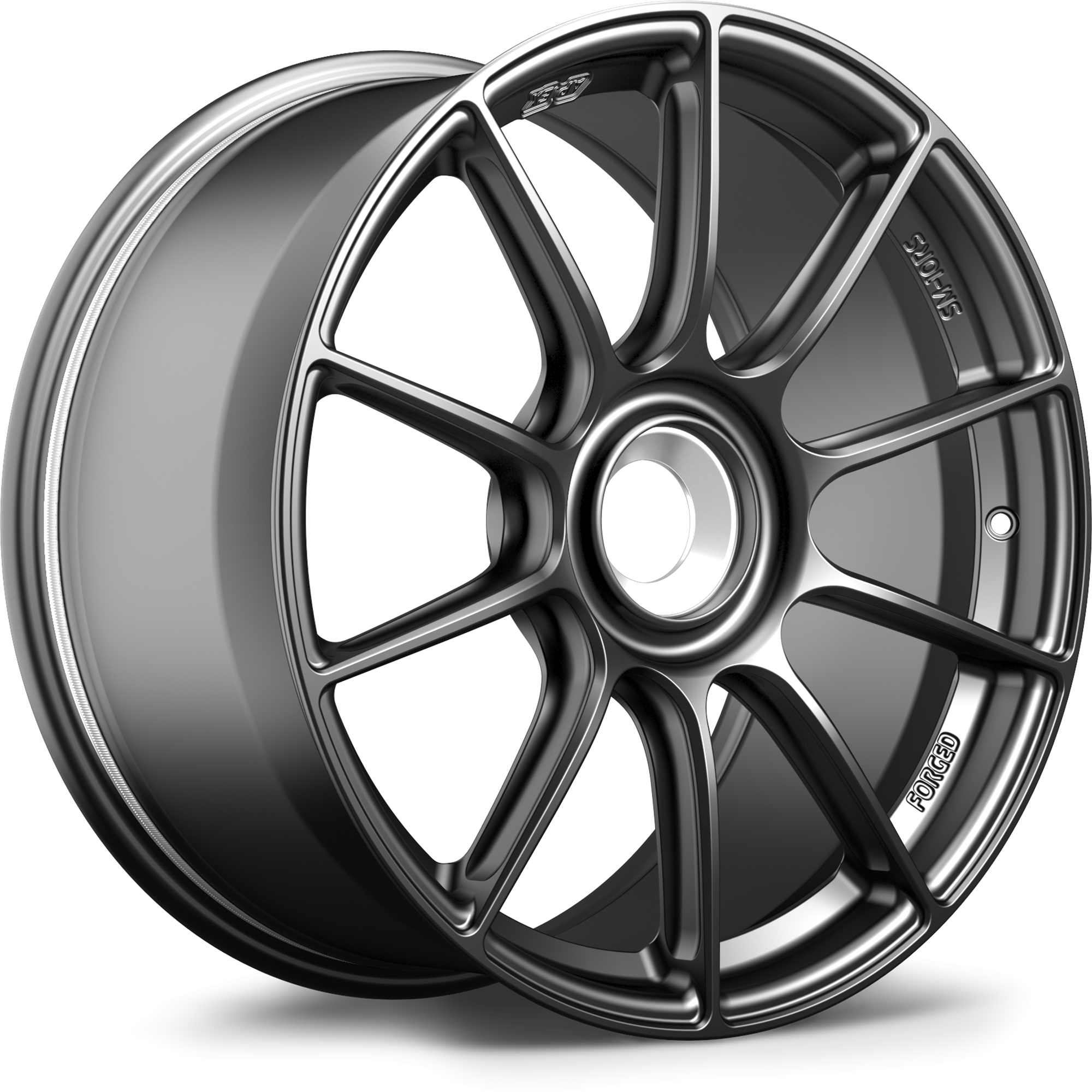 Single gunmetal forged wheel with ten-spoke design and machined center hub on white background - APEX Wheels wheel for 19x9.5 ET50 PSCL - Satin Black