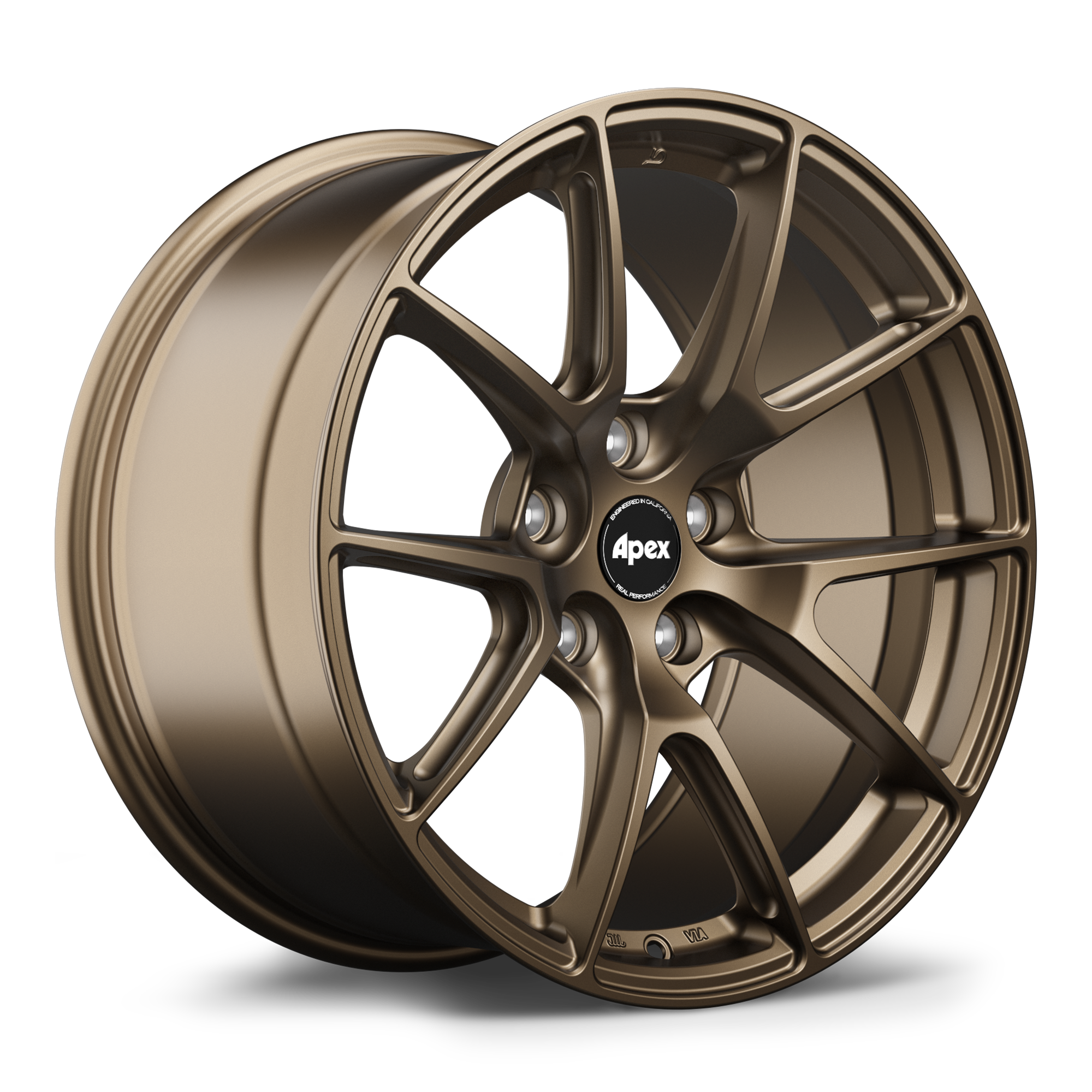 Bronze finished alloy wheel with split-spoke design and black center cap on white background - APEX Wheels wheel for 18x11 ET52 5x114.3 - Satin Bronze