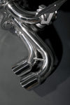 Close-up of polished twin round tips on Capristo Ferrari 348 valved exhaust