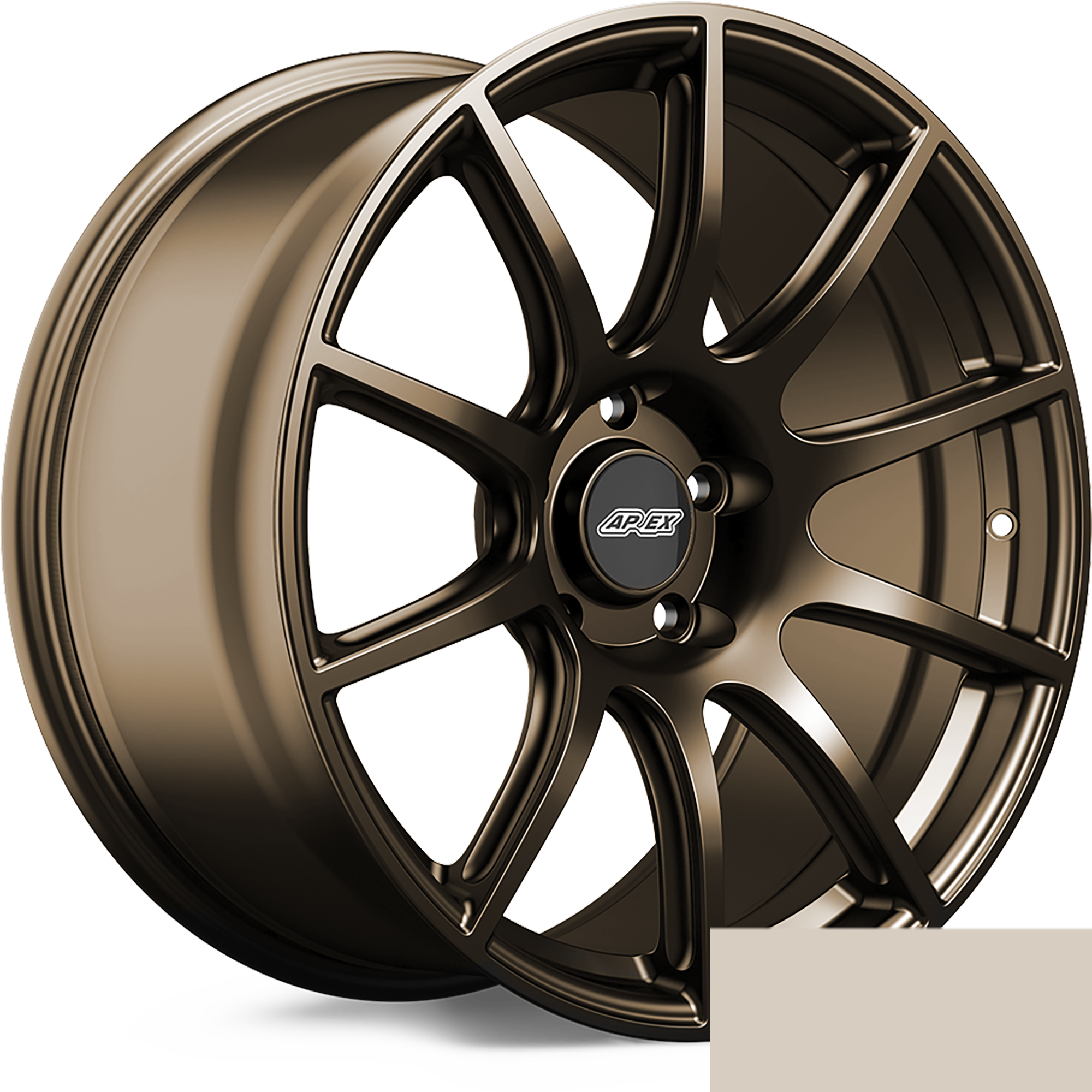 Bronze finished alloy wheel with ten-spoke design and center cap on white background - APEX Wheels wheel for 19x9 ET34 5x114.3 - Satin Bronze