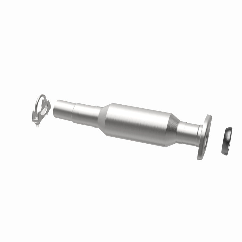 MagnaFlow 5592030 carb direct-fit catalytic converter, opposite rear three-quarter view of the turntable spin