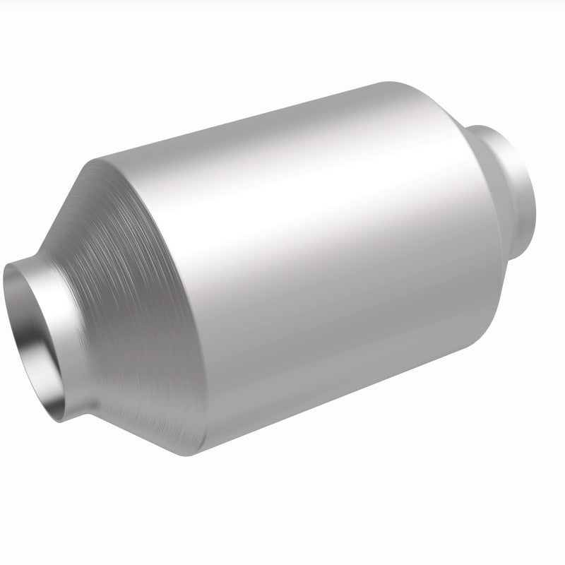 MagnaFlow 4651304 universal catalytic converter, front three-quarter view of the turntable spin