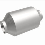 MagnaFlow 4651304 universal catalytic converter, front three-quarter view of the turntable spin