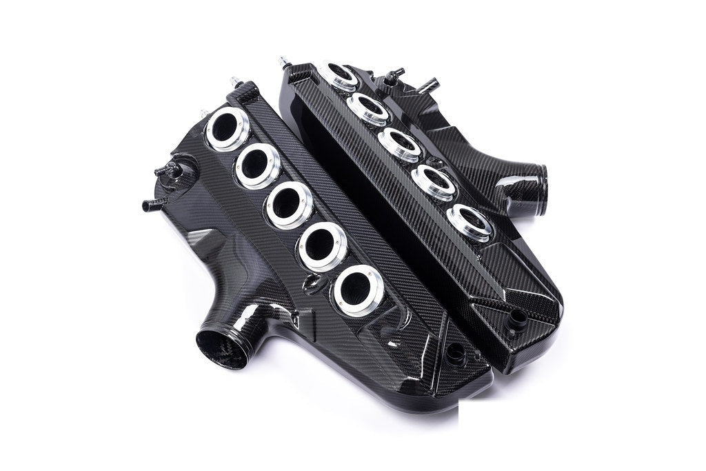 Black carbon fiber intake plenum with five circular inlet ports and polished aluminum velocity stacks on white background - Eventuri inlet plenum for BMW E60 M5 E63 M6