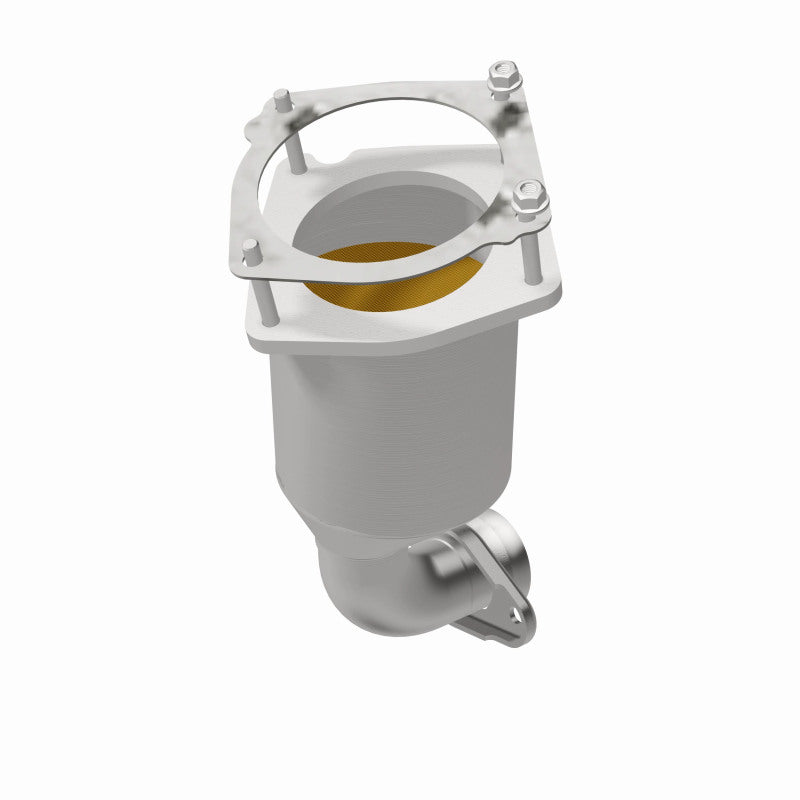 MagnaFlow 4561110 carb direct-fit catalytic converter, opposite front three-quarter view of the turntable spin