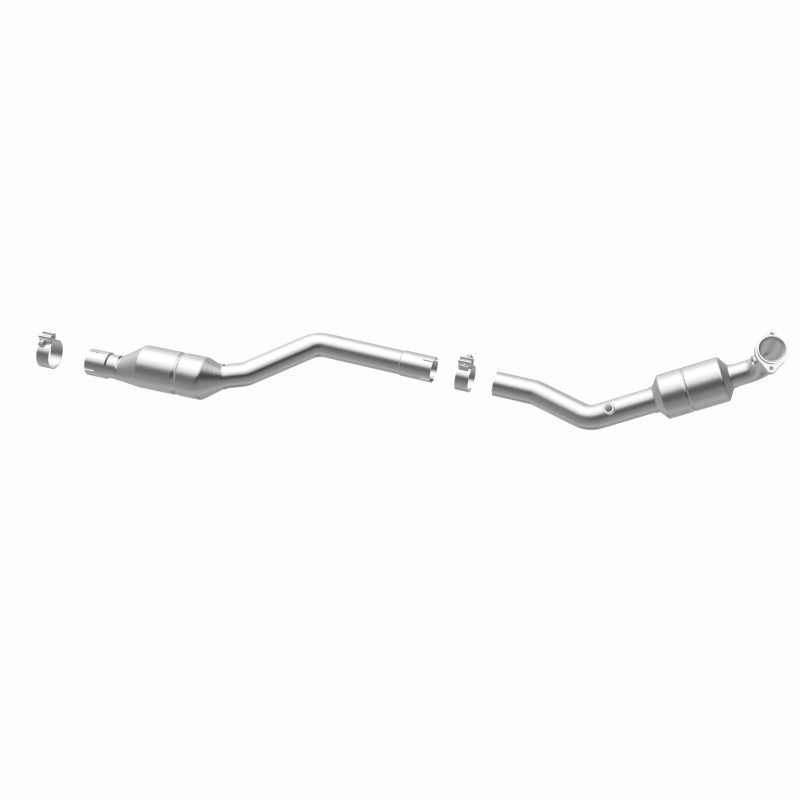 MagnaFlow 551202 carb direct-fit catalytic converter, opposite rear three-quarter view of the turntable spin