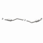 MagnaFlow 551202 carb direct-fit catalytic converter, opposite rear three-quarter view of the turntable spin