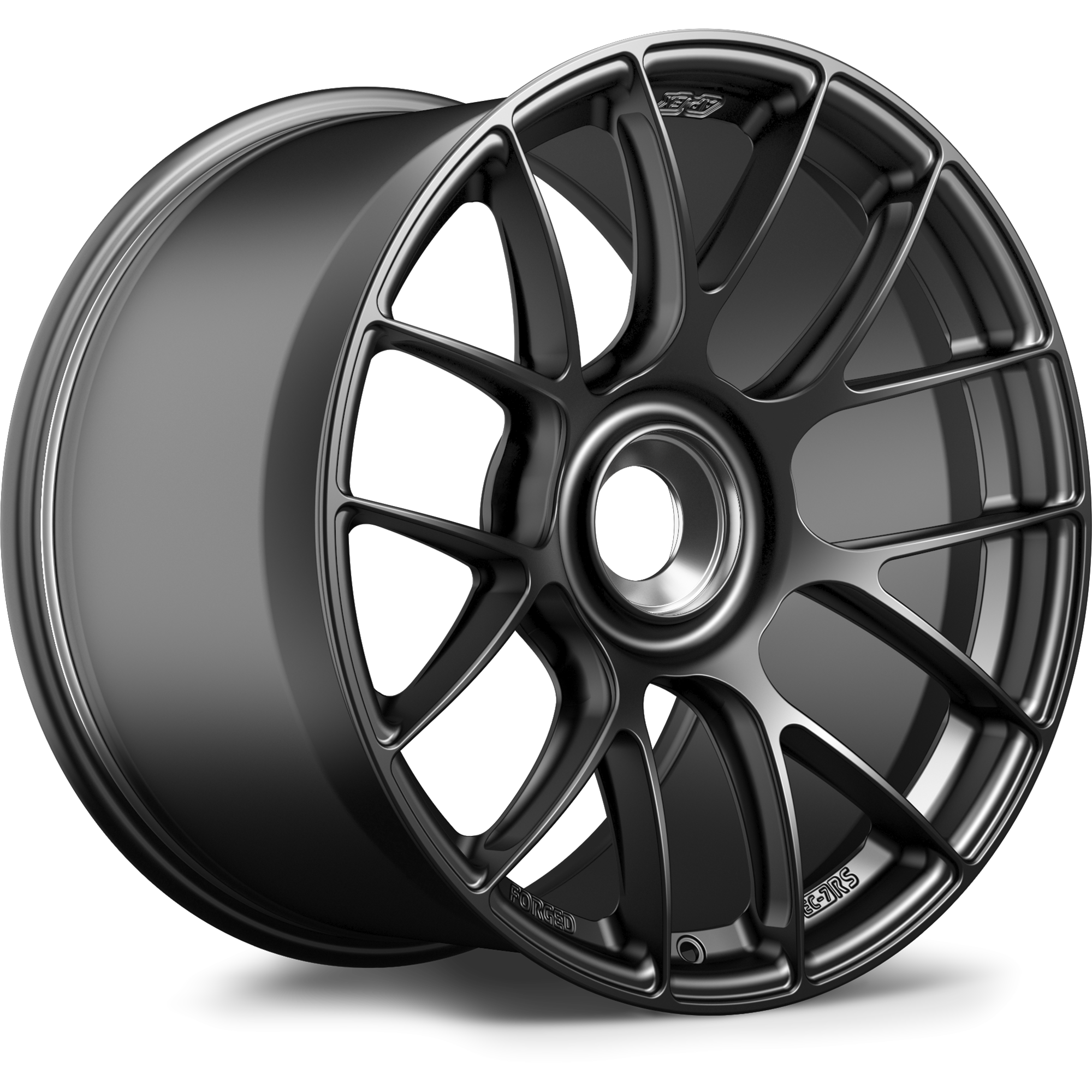 Dark gunmetal forged wheel with multi-spoke design and wide barrel profile on white background - APEX Wheels wheel for 19x12 ET46 PSCL - Satin Black