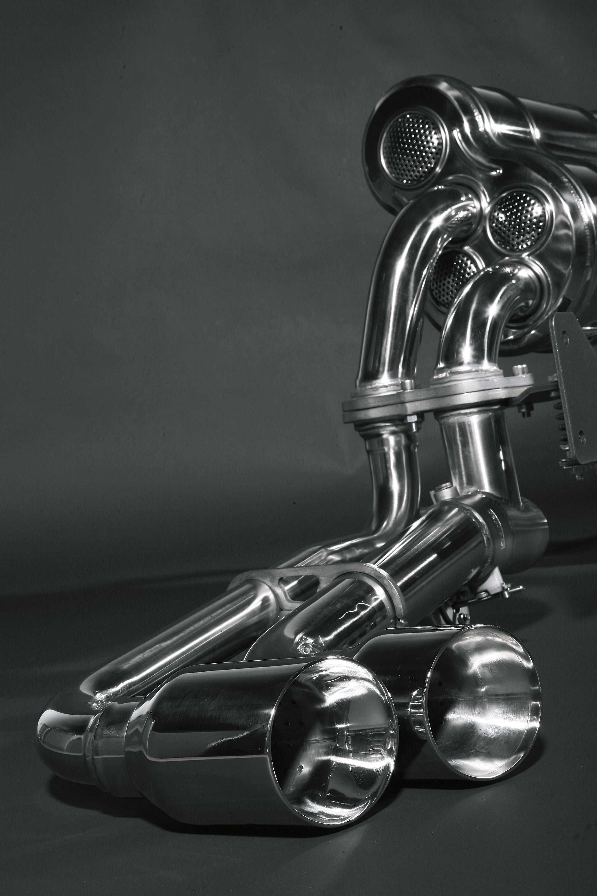 Capristo F430 valved exhaust with polished twin round tips, side view