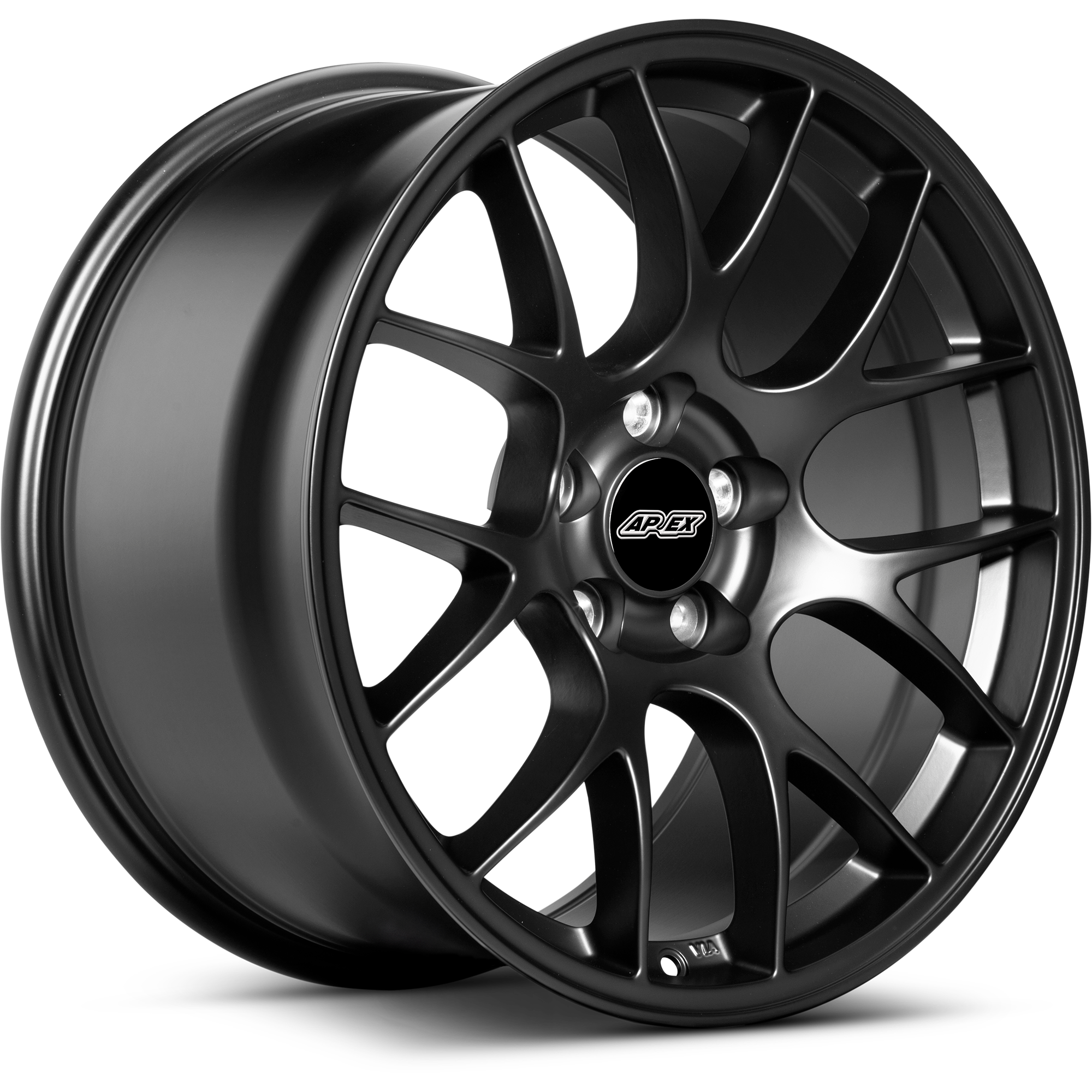 Gunmetal gray forged wheel with multi-spoke design and center cap on clean white background - APEX Wheels wheel for 18x9.5 ET28 5x120 - Satin Black
