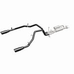 MagnaFlow 19685 speq series cat-back exhaust, front three-quarter view of the turntable spin