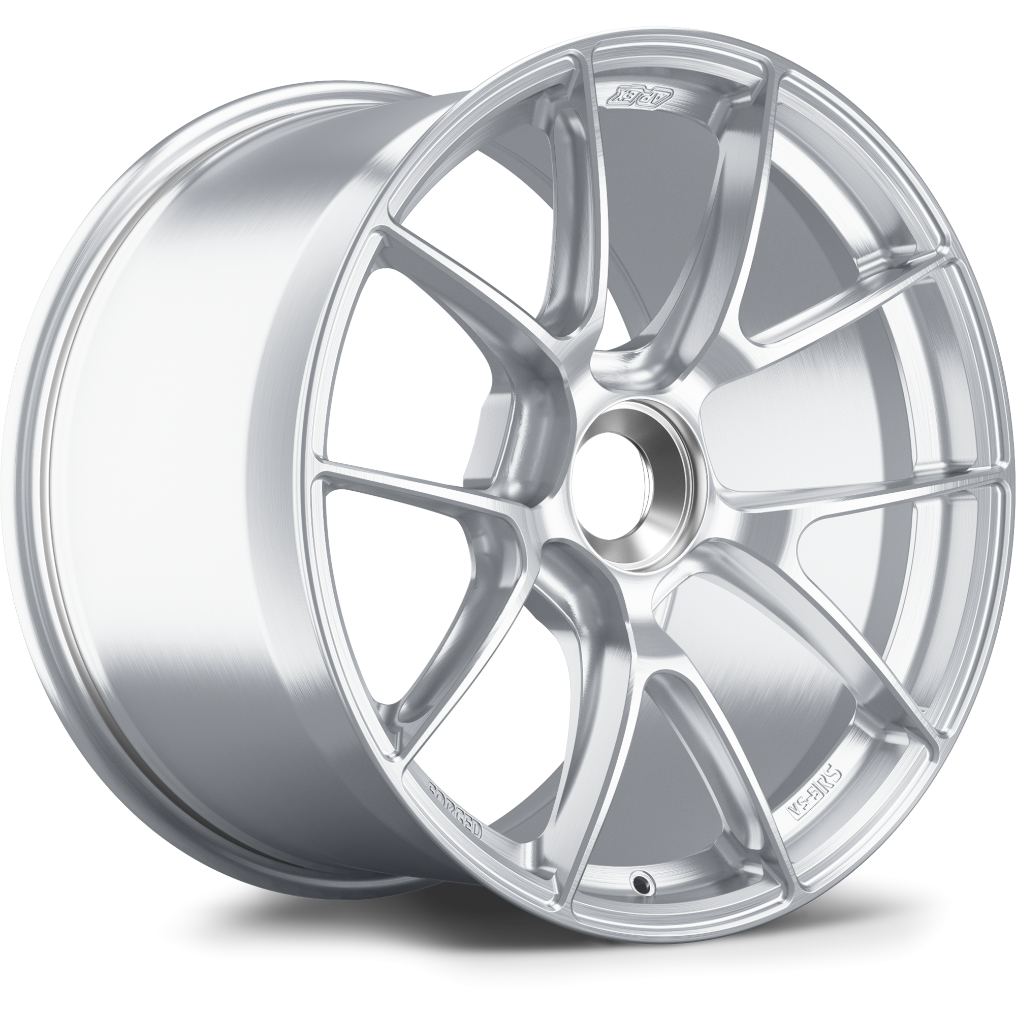 Silver forged aluminum wheel with ten-spoke design and brushed finish on white background - APEX Wheels wheel for 19x12 ET63 PSCL - Brushed Clear