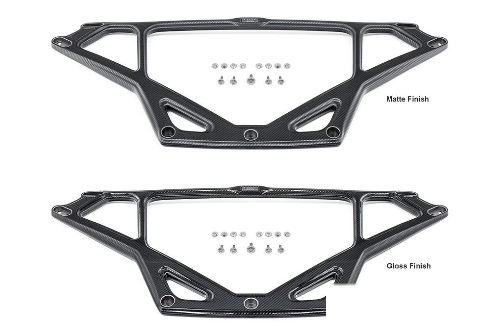 Two carbon fiber strut braces with triangular design and mounting hardware, showing matte and gloss finish options - Eventuri strut brace for BMW M2