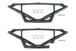 Two triangular carbon fiber strut braces with matte and gloss finishes shown with mounting hardware on white background - Eventuri strut brace for BMW M2