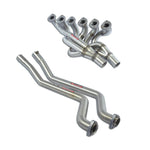 Wide view of Supersprint Manifold + connecting pipes 100% Stainless steel (Left Hand Drive) for BMW E12 535i (M30) 1980-1981 with white background