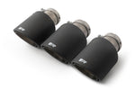 Remus 102mm Carbon Tail Pipe, three black carbon tail pipes, angled view