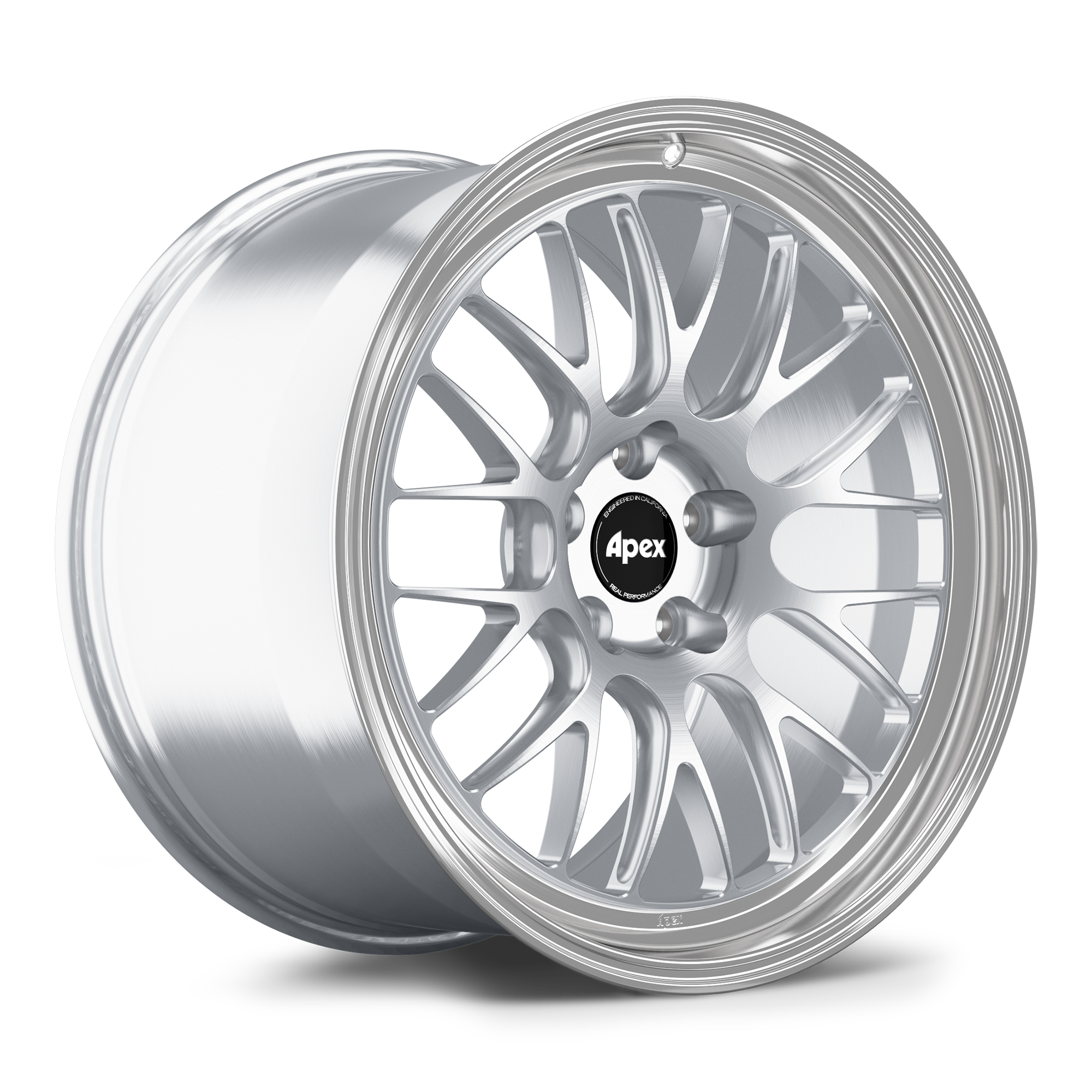 Silver machined aluminum wheel with multi-spoke design and black center cap on white background - APEX Wheels wheel for 20x12 ET50 5x120.65 - Brushed Clear - Machined Lip