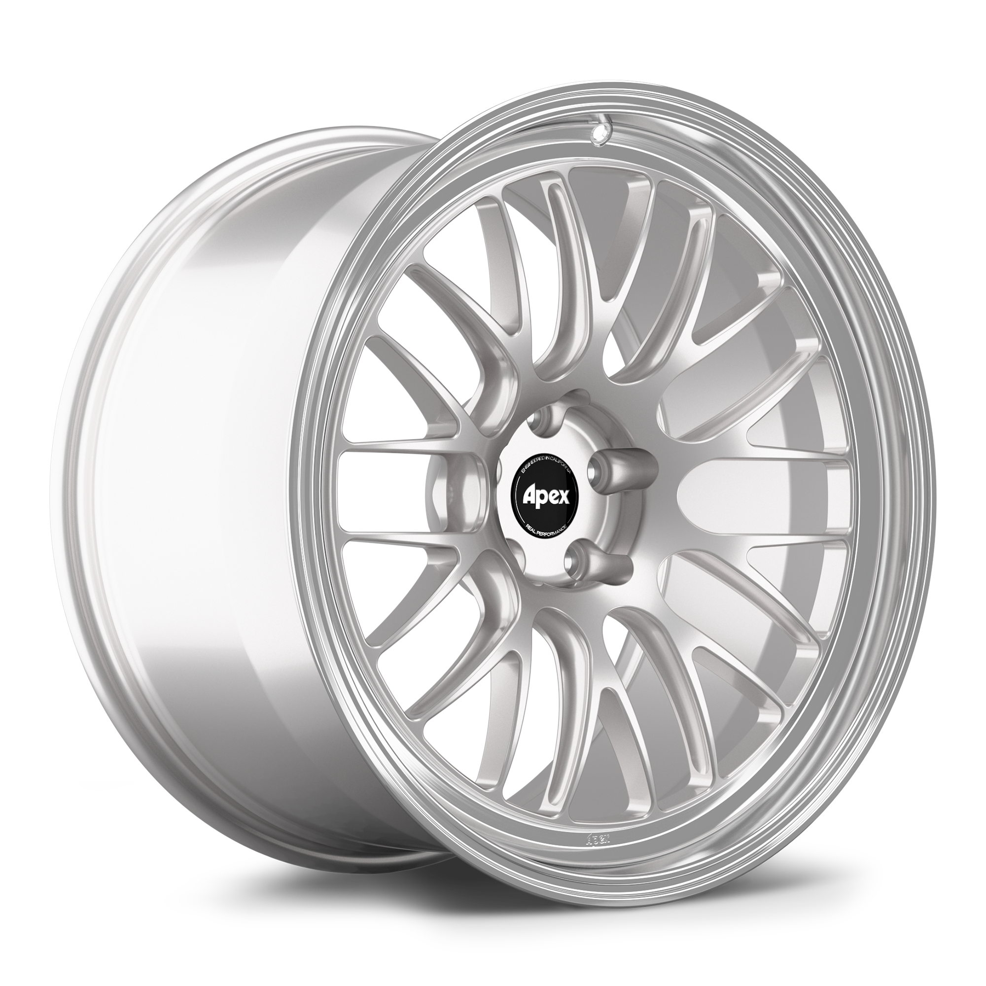 Silver alloy wheel with multi-spoke design and black center cap showing 5-bolt pattern on clean white background - APEX Wheels wheel for 20x11 ET18 5x112 - Race Silver - Machined Lip
