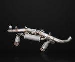 A front wide view of IPE SS OPF Version Cat-Back Exhaust System for Audi R8 V10 MK2.5 2020-2025 with black background