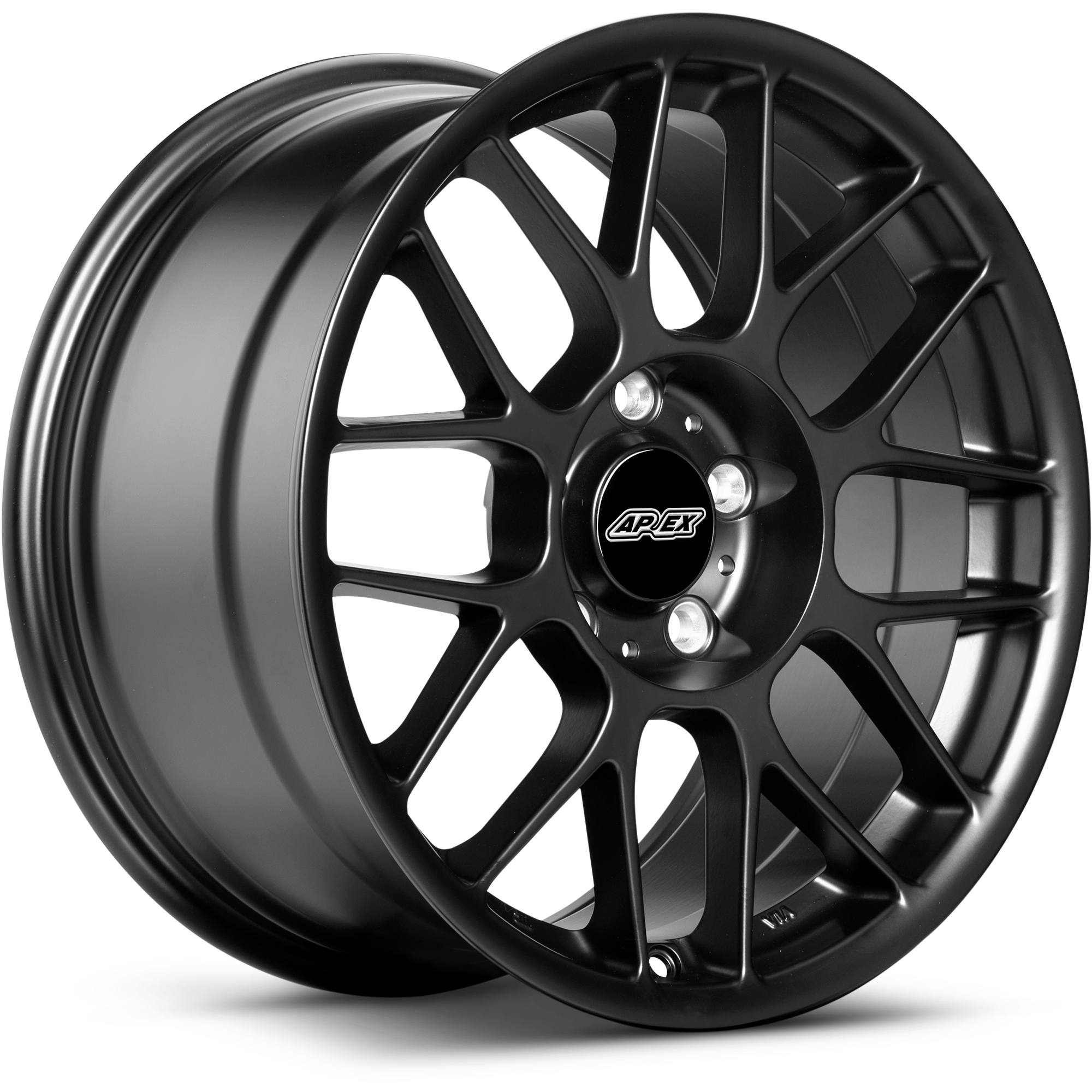 Black aluminum alloy wheel with multi-spoke design and center cap, displayed at angle on white background - APEX Wheels wheel for 17x9 ET52 5x120 - Satin Black