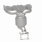 MagnaFlow 22-237 oem grade manifold converter, rear three-quarter view of the turntable spin