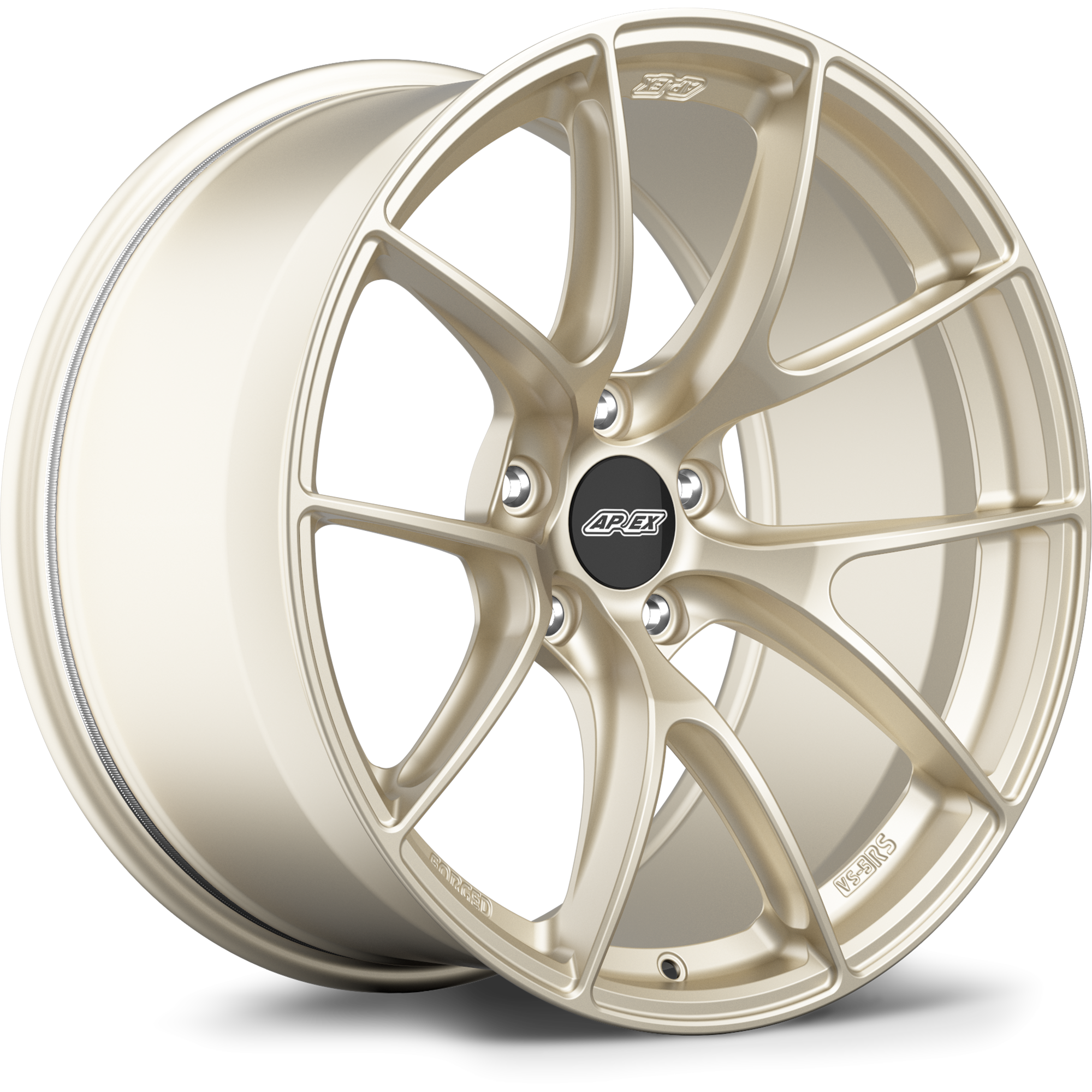 Gold finished forged aluminum wheel with ten-spoke design and black center cap on white background - APEX Wheels wheel for 19x11 ET26 5x114.3 - Motorsport Gold