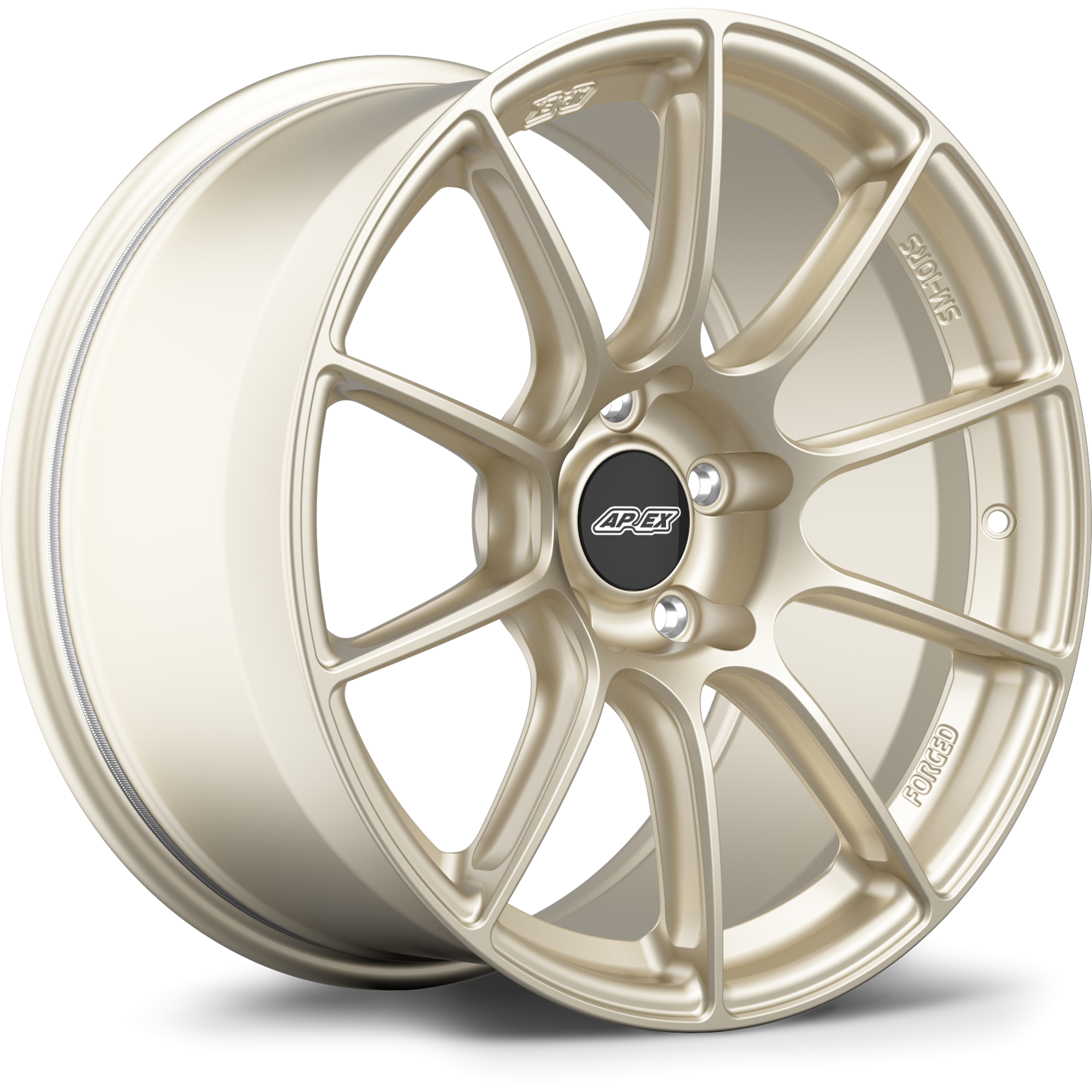 Single forged aluminum wheel with champagne finish and split spoke design with central cap showing five-bolt pattern - APEX Wheels wheel for 18x10.5 ET44 5x130 - Motorsport Gold