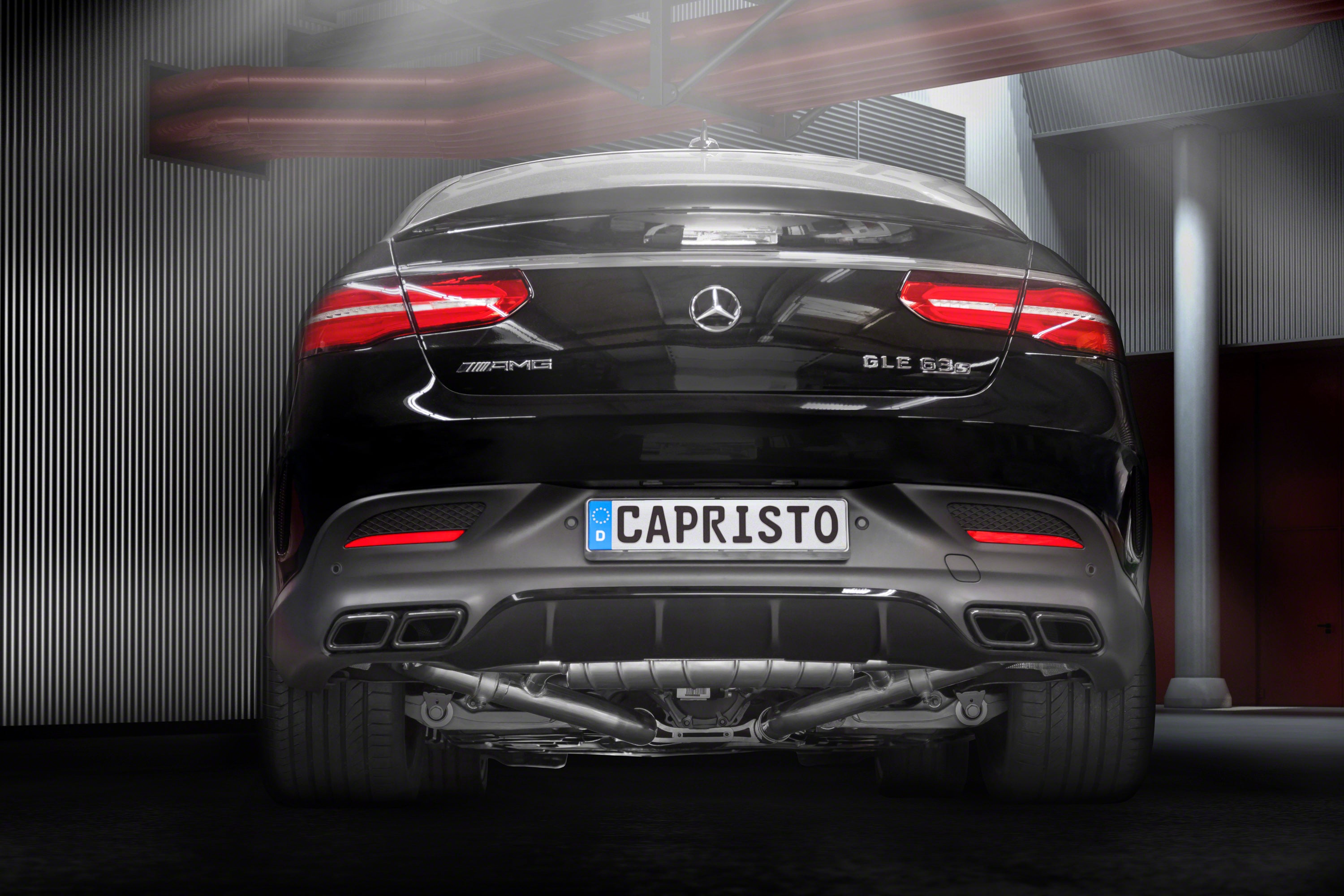 Black Mercedes-AMG GLE 63 S coupe from behind with Capristo exhaust