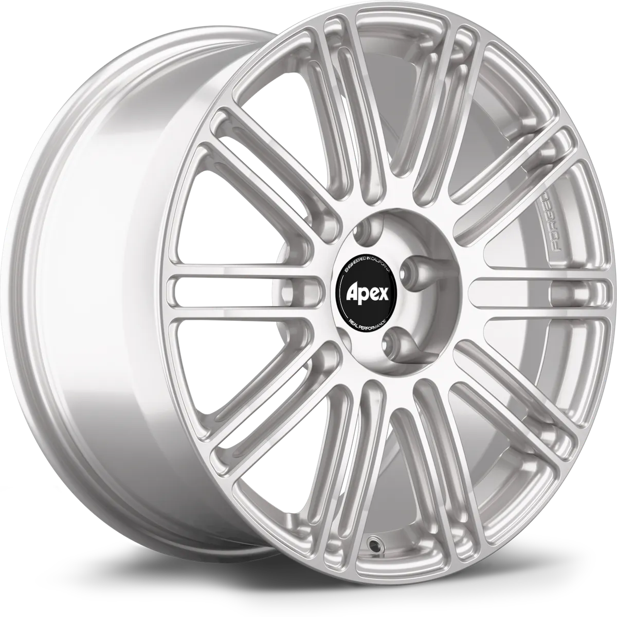 A front view of APEX TC-10RT Forged Wheel for Audi and VW in Race Silver with white background