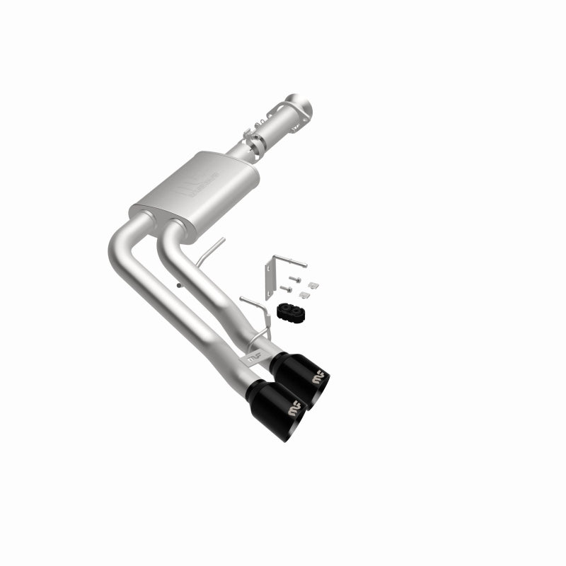 MagnaFlow 19835 speq series cat-back exhaust, opposite front three-quarter view of the turntable spin