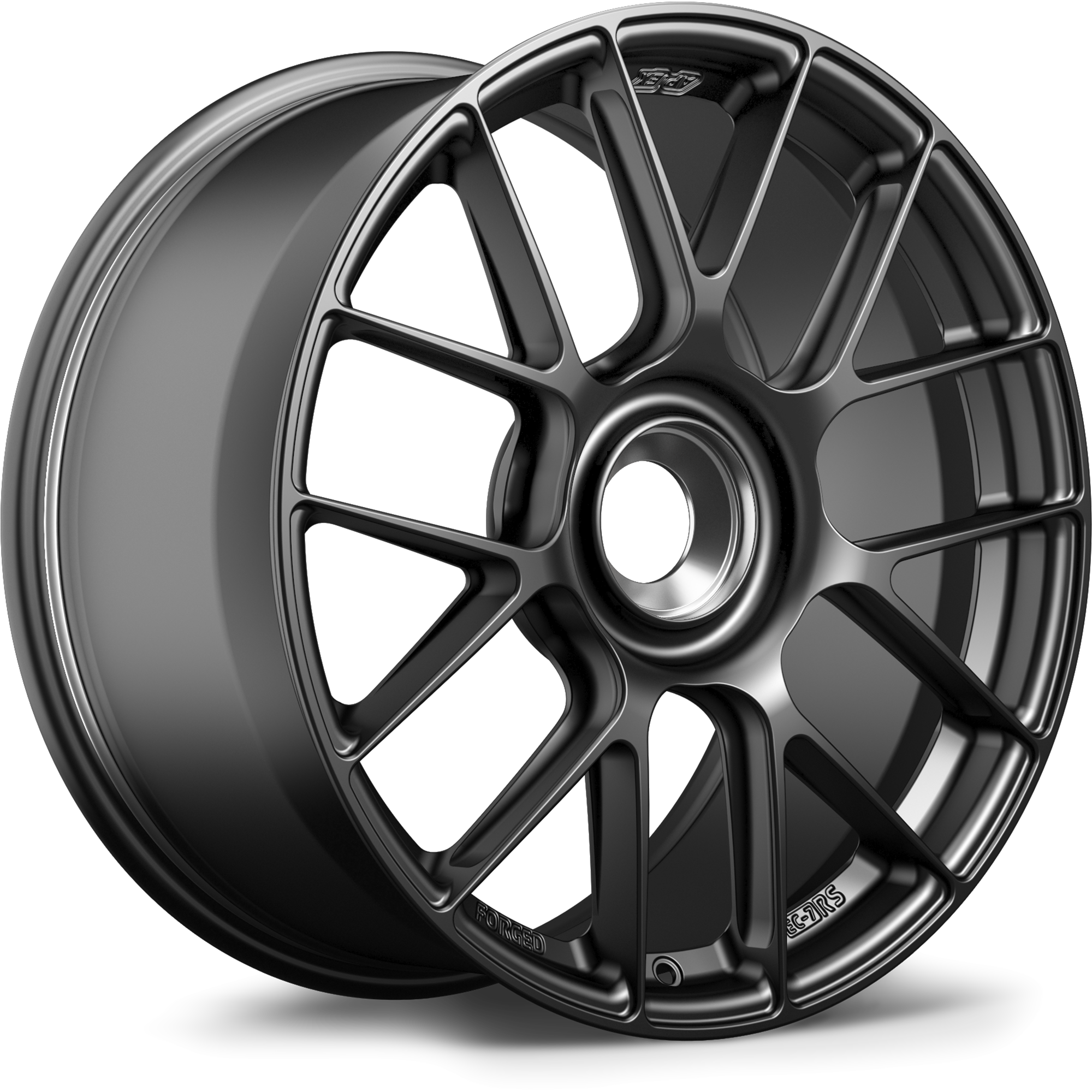 Dark gunmetal forged wheel with multi-spoke design featuring angular geometric spokes and smooth barrel finish - APEX Wheels wheel for 19x9.5 ET50 PSCL - Satin Black