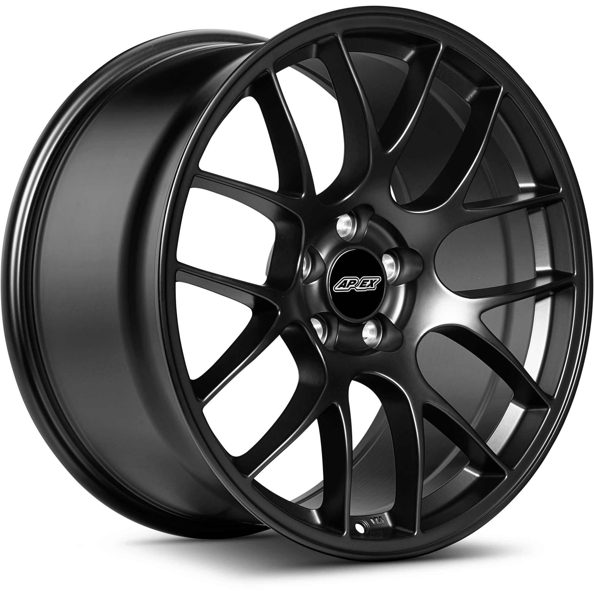 Black alloy wheel with multi-spoke design, center cap with brand logo, five-bolt pattern, isolated on white background - APEX Wheels wheel for 19x9 ET30 5x120 - Satin Black