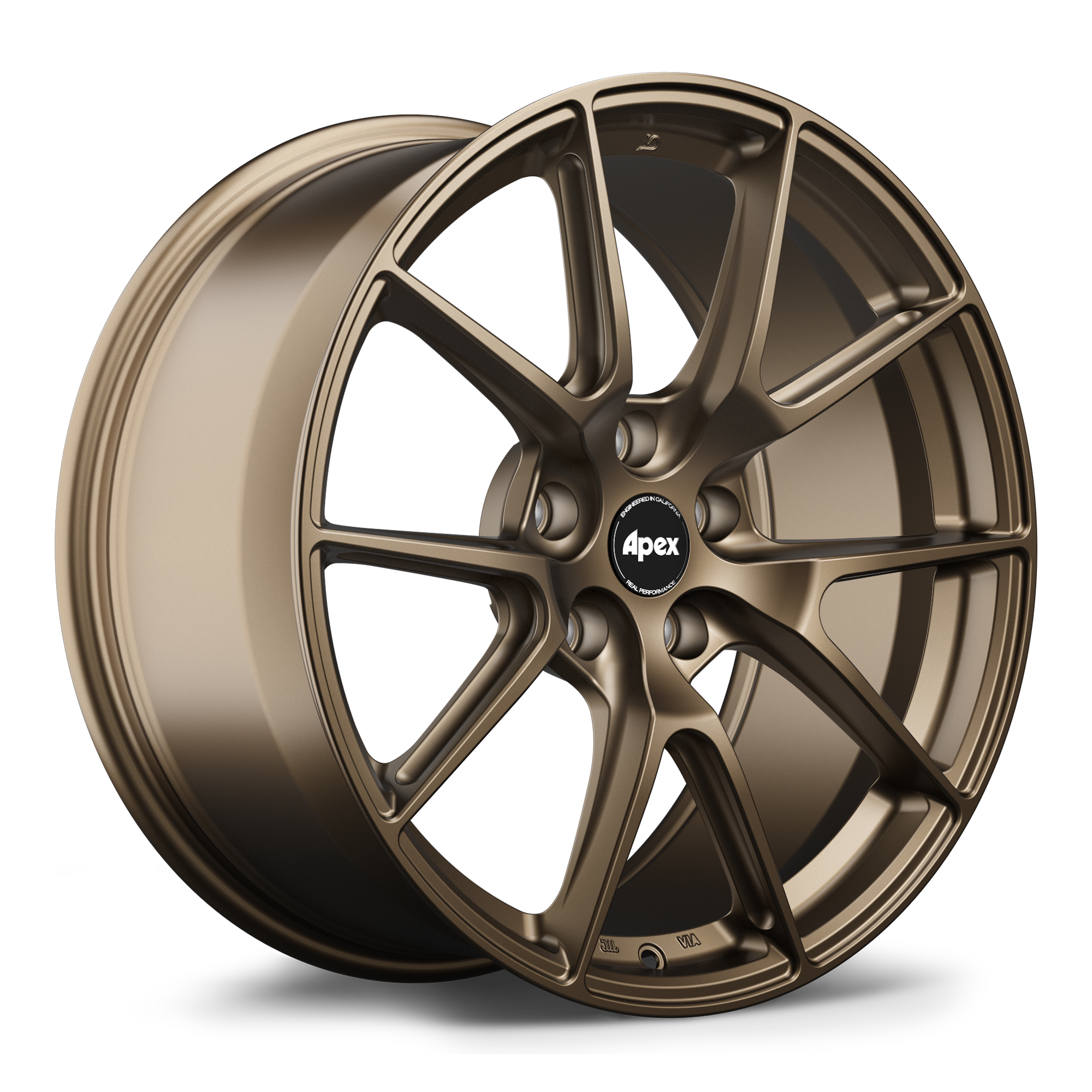 Bronze finished alloy wheel with ten-spoke design and center cap displayed at three-quarter angle - APEX Wheels wheel for 19x9 ET42 5x112 - Satin Bronze