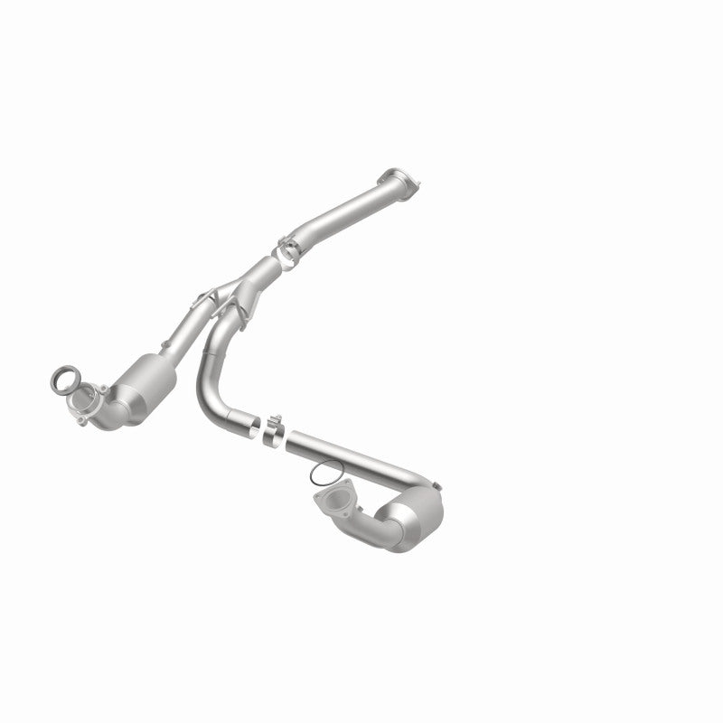 MagnaFlow 4551211 carb direct-fit catalytic converter, opposite front three-quarter view of the turntable spin