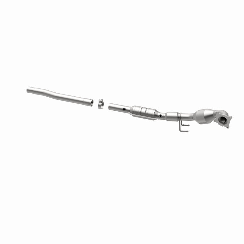 MagnaFlow 551887 carb direct-fit catalytic converter, opposite rear three-quarter view of the turntable spin