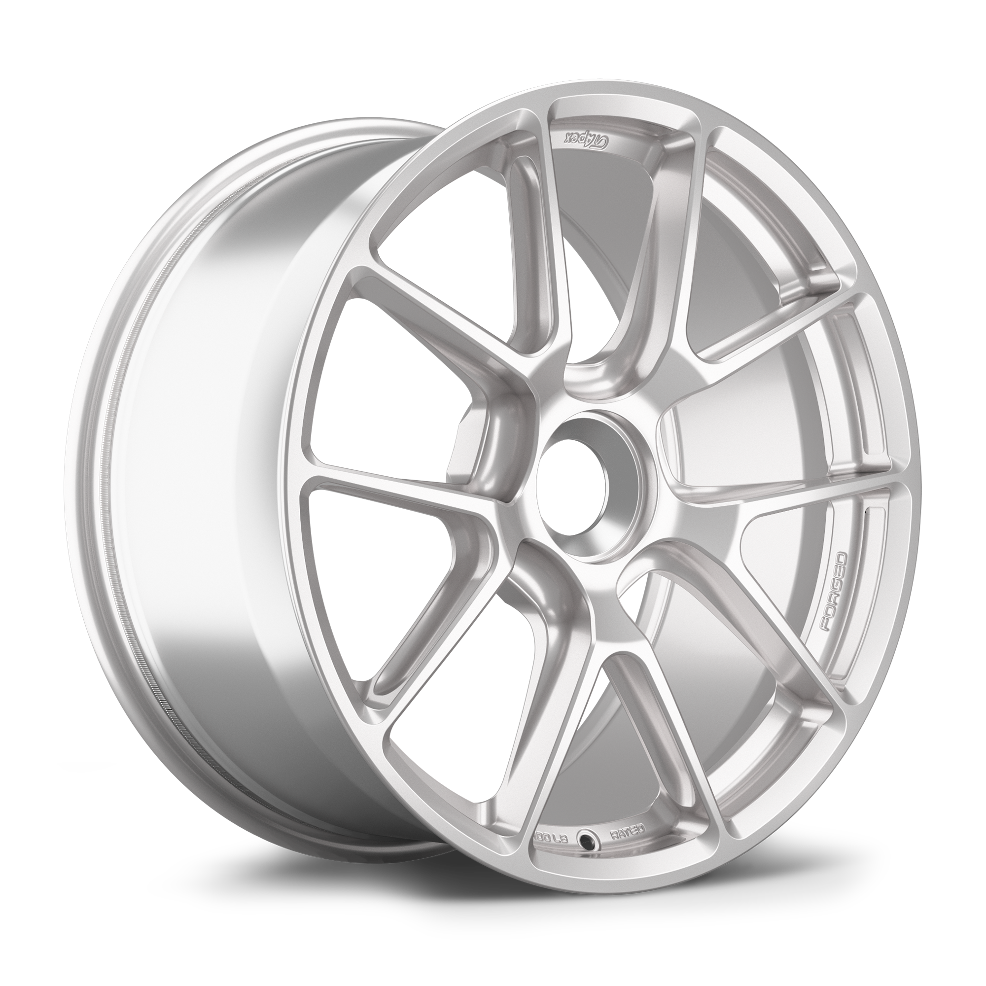 Silver alloy wheel with multi-spoke design, machined finish, center hub bore, positioned at angle on white background - APEX Wheels wheel for 19x9.5 ET50 PSCL - Race Silver
