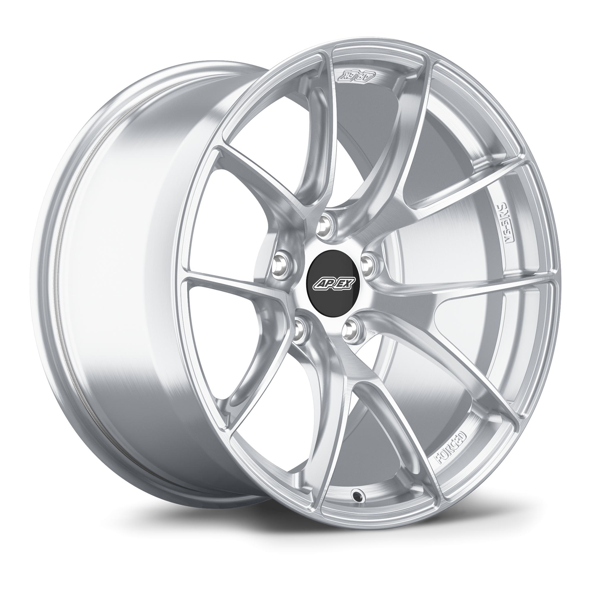 Silver forged aluminum wheel with Y-spoke design and black center cap on white background - APEX Wheels wheel for 18x12 ET41 5x120 - Brushed Clear