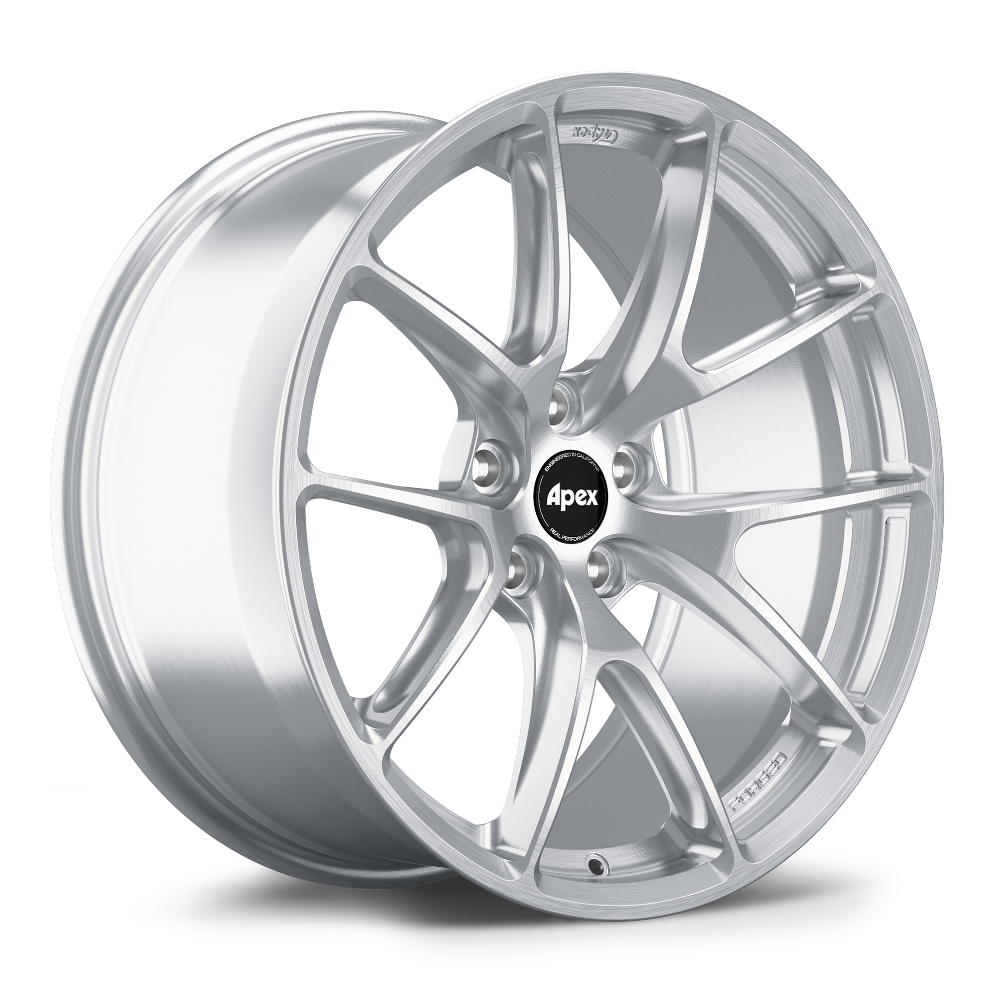 Silver alloy wheel with ten-spoke design and black center cap on clean white background - APEX Wheels wheel for 19x9.5 ET33 5x114.3 - Brushed Clear