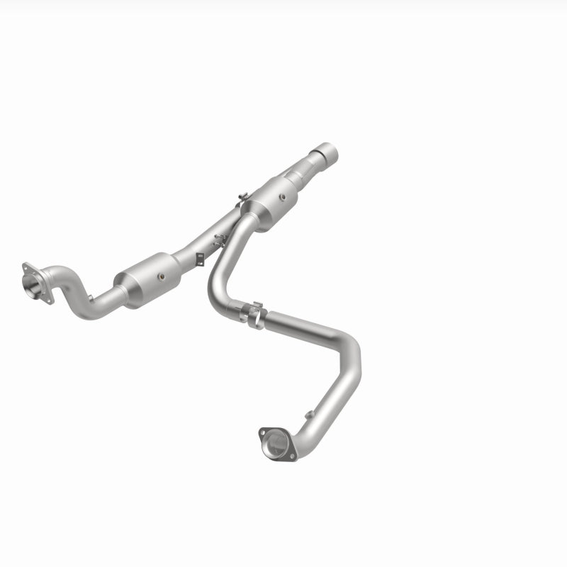 MagnaFlow 21-513 oem grade direct-fit catalytic converter, opposite front three-quarter view of the turntable spin