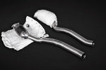 close view of Capristo 250 Cell Sport Cat Downpipes (with Heat Blankets) for Ferrari 812 (OPF) 2021+ with black background