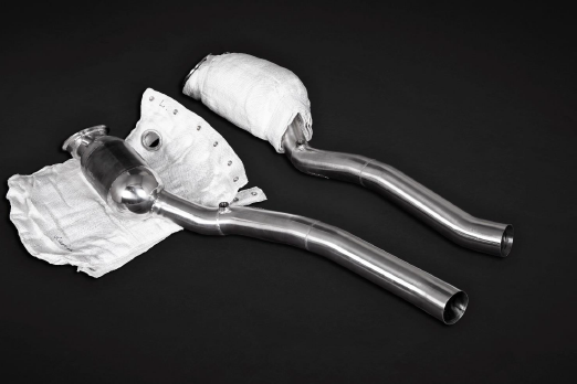 wide view of Capristo Exhaust 250 Cell Sport Cat Downpipes (with Heat Blankets) for Ferrari F12/812SF 2012-2017 with black background