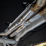 Fabspeed 812 GTS X-pipe installed, angled underside view