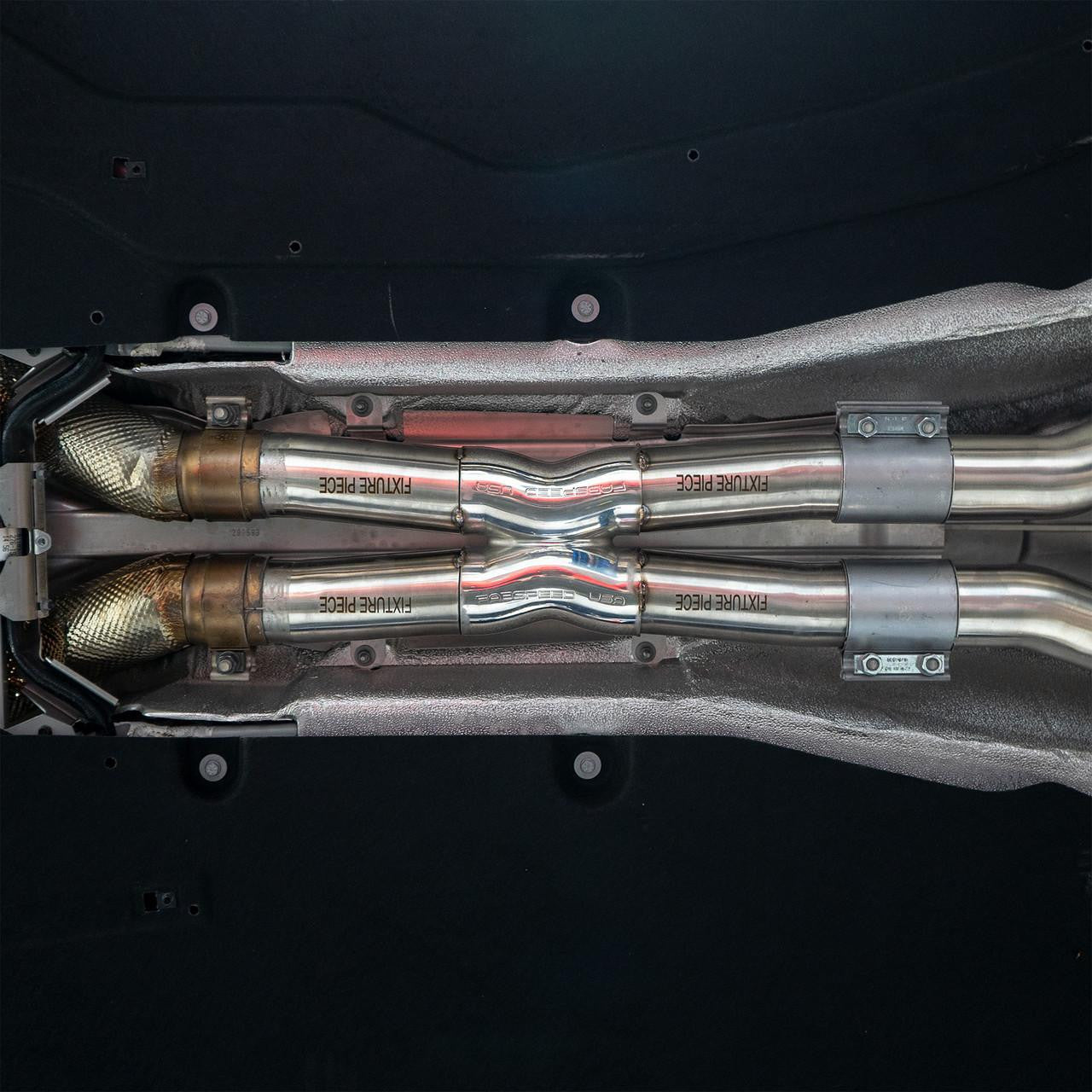 Fabspeed 812 Superfast X-pipe installed, straight-on underside view
