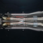 Fabspeed 812 Superfast X-pipe installed, straight-on underside view