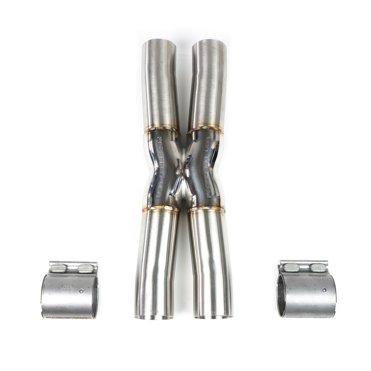 Fabspeed 812 X-pipe with band clamps, front view