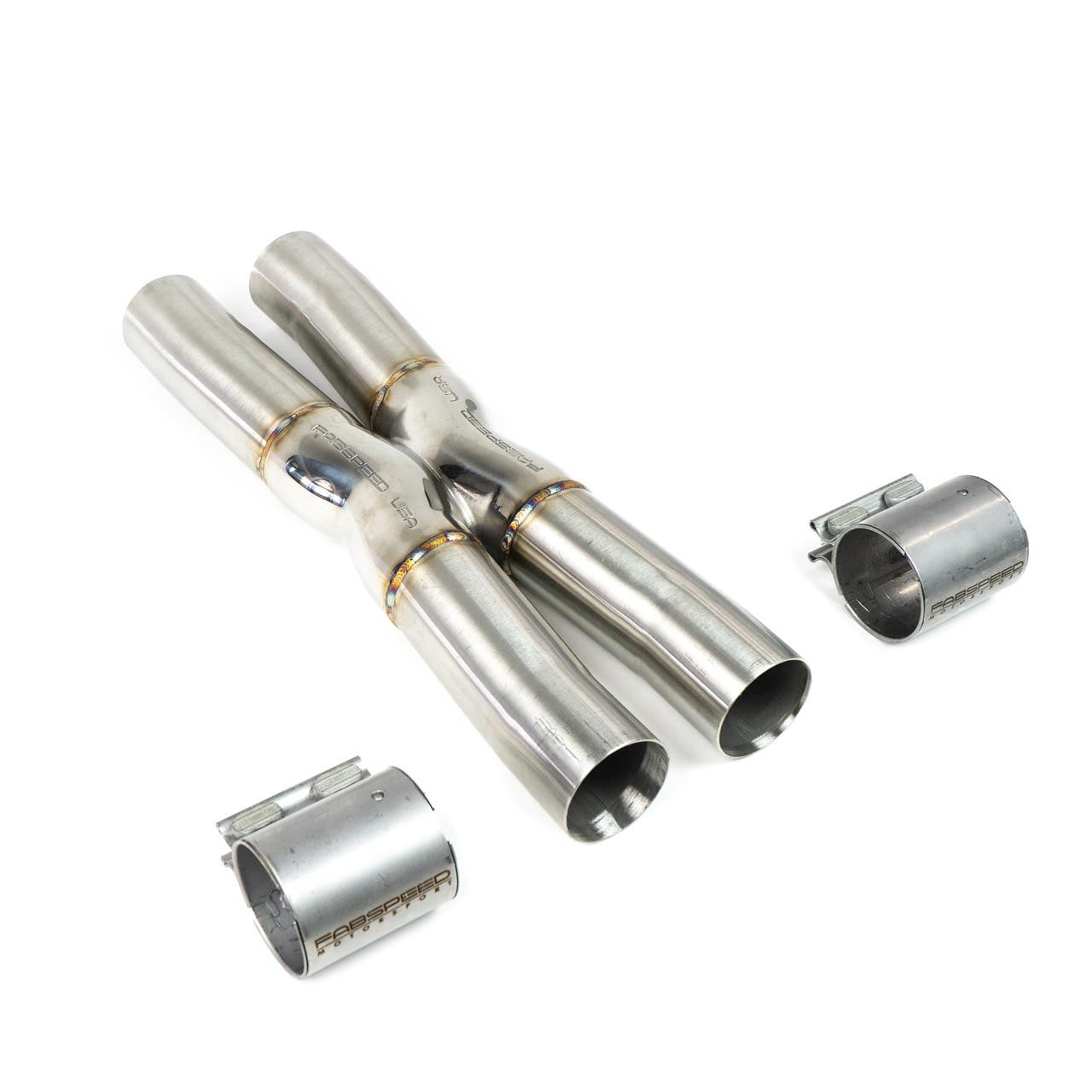 Fabspeed 812 Superfast/GTS X-pipe with clamps, angled view